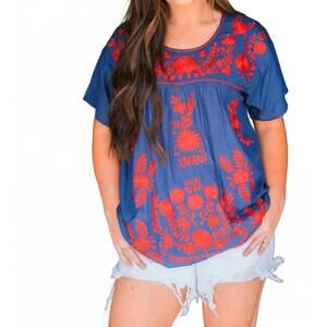 NEW LAYERZ CLOTHING sparkler scoop neck top in navy/ red